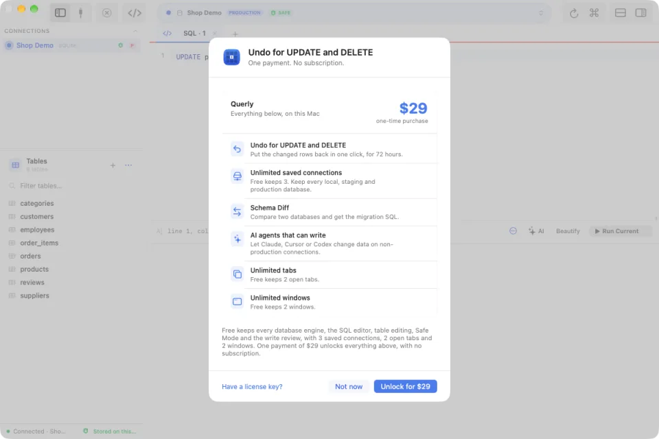 The Querly licence sheet listing the paid features and the $29 one-time price.