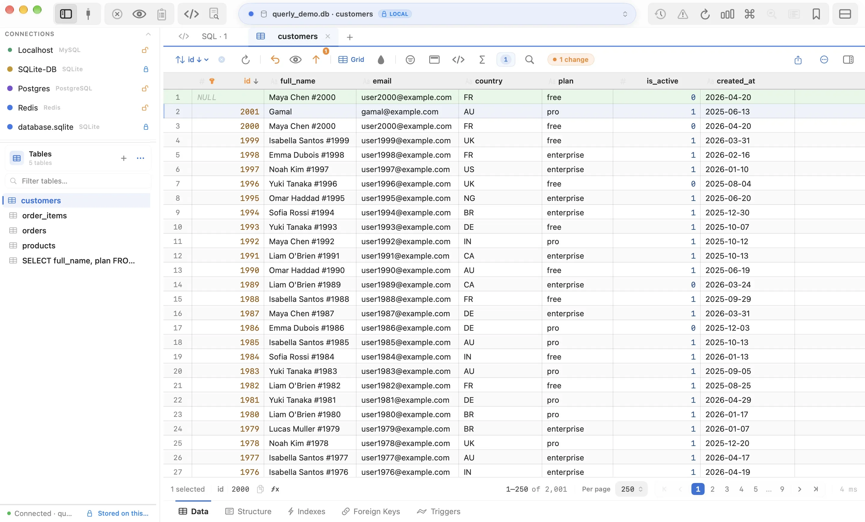 Querly's pending-changes drawer with staged inserts, updates, and deletes